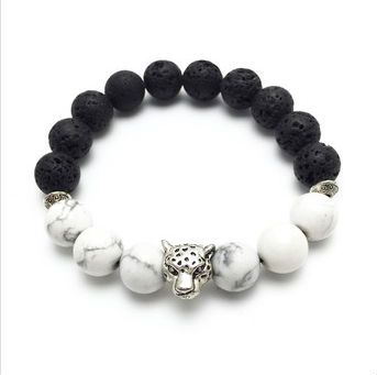 Leopard Head Detailed Bracelet with Lava Stone & Howlite